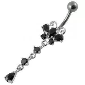 14 Gauge Moving Jeweled Butterfly Design Banana Bar Navel Ring
