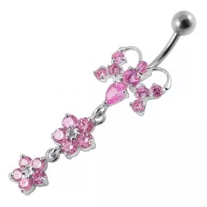 Butterfly With Double Flower Dangling Belly Ring