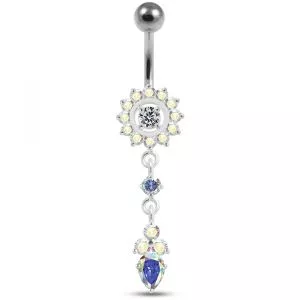 Silver Jeweled Flower Dangling With SS Banana Barbell Navel Belly Ring
