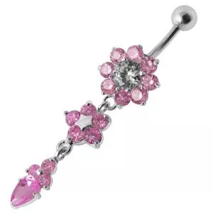 Double Pink Flower Silver Dangling SS Curved Bar Navel Belly Ring
