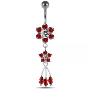 Pink Jeweled Flower Dangling SS Curved Bar Belly Ring