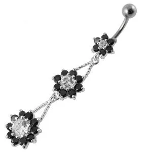 Silver Red CZ Jeweled Dangling Flower Belly Ring