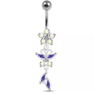 Jeweled Dangling Flower SS Bar Banana Bar Belly Ring