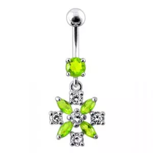 Silver Flower Jeweled Dangling Navel Belly Ring