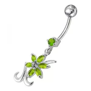 Silver Dangling Pink Jeweled Flower SS Bar Belly Ring Body Jewelry