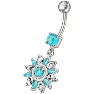 Fancy Blue And White Royal Flower Jeweled Dangling SS Bar Belly Ring