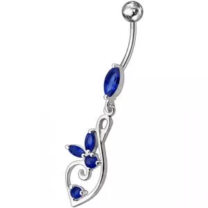 Silver Fancy Flower Jeweled Dangling 316L SS Bar Belly Body Ring