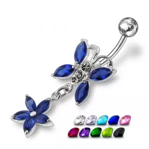 Jeweled Fancy Butterfly With Flower Dangling Curved Bar Belly Ring
