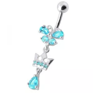 Fancy Green Stone Jeweled Crown Dangling With SS Bar Navel Ring