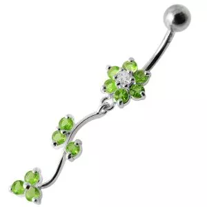 Jeweled Red Dangling Flower SS Bar Belly Ring