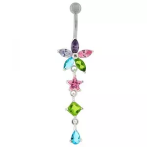 Pink Stone Studded Jeweled Flower Navel Ring