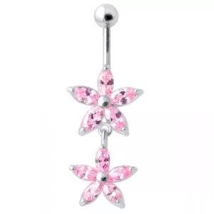 Jeweled Multi Flower Silver Dangling Belly Button Ring