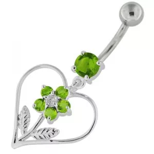 Jeweled Flower in Heart Sterling Silver Navel Belly Button Bar