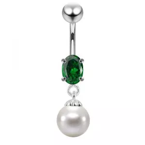 925 Sterling Silver CZ Jeweled with Dangling Pearl Belly Button Ring
