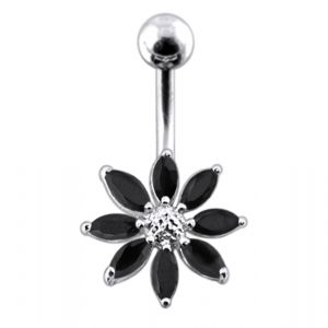 Silver Jeweled Flower With SS Curved Bar Belly Button Navel Ring