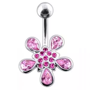 Red Jeweled Silver Flower With 316L SS Bar Navel Ring body Jewelry PBN0283