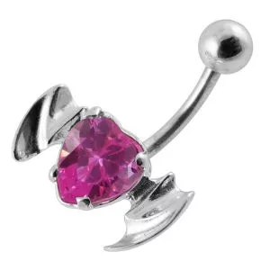 Silver Fancy Black CZ Jeweled Flying Devil Heart With Curved Bar Belly Ring