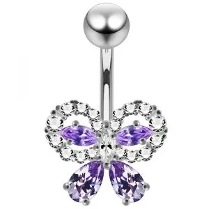 Elegant Silver Butterfly Belly button ring Piercing with Colorful Crystals