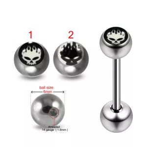 316L Surgical Steel 14G 14MM Threaded Straight Bar With Burning Skull Logo balls