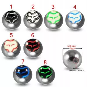 316L Surgical Steel 14G Threaded Fox Logo balls