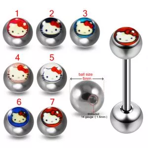 316L Surgical Steel 14G 14MM Threaded Straight Bar With Kitty Logo Balls