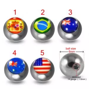 316L Surgical Steel 14G Threaded Country Flag Logo Balls
