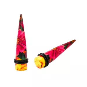 Red Abd Black Flower With Yellow Top  Straight Ear Expander Body Jewelry