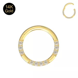 14K Yellow Gold Hinged Surface Prong Setting Cubic Zirconia Jeweled Segment Clicker Ring