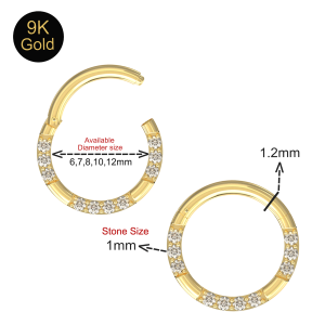 9K Yellow Gold CZ Jeweled Hinged Clicker Ring for Septum and Daith Piercing