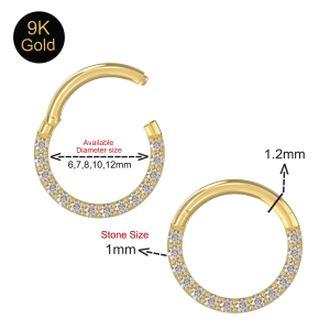 9K Yellow Gold CZ Jeweled Hinged Clicker Clicker Ring for Septum and Daith Piercing