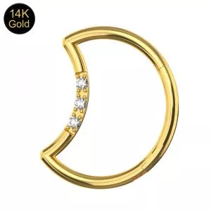 14K Gold crescent moon With CZ Jeweled Hinged Segment Clicker Ring