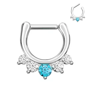 Five Pronged White and Aqua CZs Septum Clicker Ring
