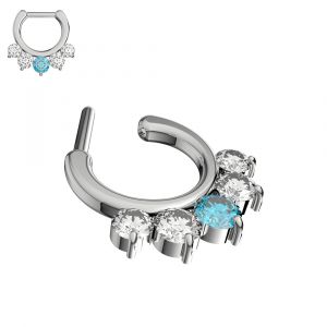 Five Pronged White and Aqua CZs Septum Clicker Ring