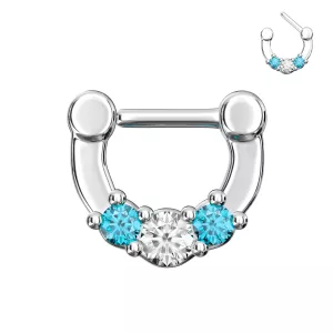 Three Pronged White and Aqua CZs Septum Clicker Ring