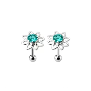 925 Sterling Silver CZ Jeweled Floral  Cartilage Tragus Piercing Ear Stud Jewelry
