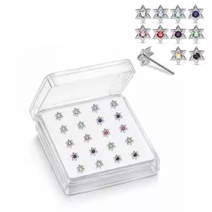 Professional wholesale display box of 925 sterling silver star nose bone studs in assorted rhinestone colors.