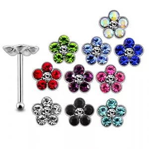 925 Silver Red Color Rhinestone Flower Ball End Nose Stud