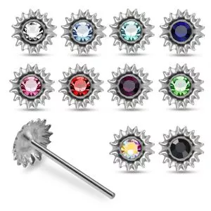 925 Silver Red Rhinestone Jeweled Flower Straight End Nose Stud