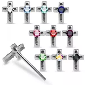 Jeweled Cross 925 Silver Straight End Nose Stud