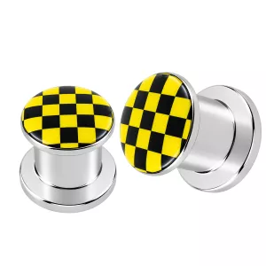 SS Internal Screw Fit With Yellow Checker Logo Ear Tunnel