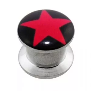 SS Internal Screw Fit With Red Star Logo Ear Tunnel