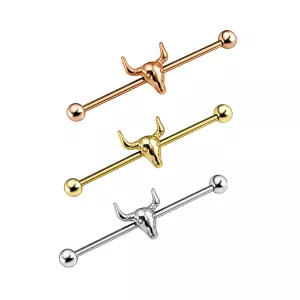 Surgical Steel Industrial Barbell Earring With Bull Head