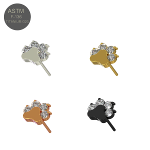 G23 Grade Titanium CZ Jeweled Animal Paw Design Threadless Pin Top