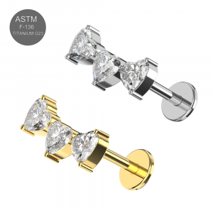 G23 Grade Titanium Triple Heart CZ Stone Tragus Top Push Fit with Flat Back Labret
