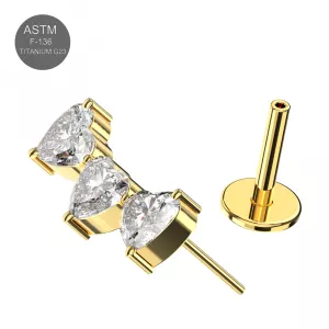 G23 Grade Titanium Triple Heart CZ Stone Tragus Top Push Fit with Flat Back Labret