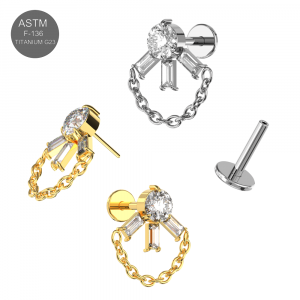 G23 Grade Titanium CZ Jeweled with Linked Chain Fancy Design Threadless Pin Top