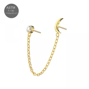 G23 Grade Titanium Two Hole Piercing Chain Crescent Moon CZ Stone Threadless Pin Top