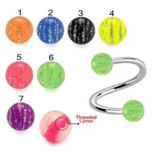 316L Surgical Steel Eyebrow Twisted Barbell With Glitter Stripes UV Ball