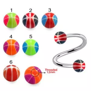 316L Surgical Steel  Eyebrow Twisted Barbell With Mix Color Baseball Designed UV Ball