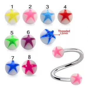 SS Eyebrow Twisted Barbell with UV Star Printed color Balls